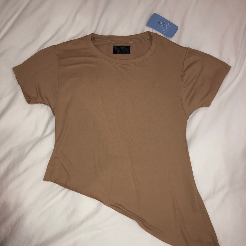 “Chick” trendy asymmetrical tan tee girls size 10